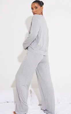 Grey Jersey Piping Detail Long PJ Set