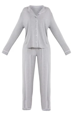 Grey Jersey Piping Detail Long PJ Set