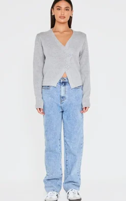 Grey Knit Asymmetric Button Cardigan