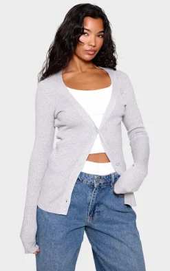 Grey Knitted Ribbed Long Sleeve Cardigan