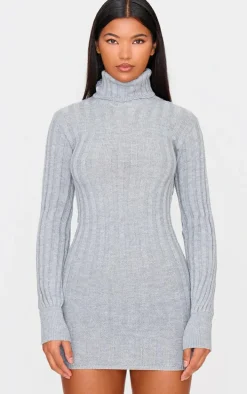 Grey Knitted Roll Neck Sweater Dress