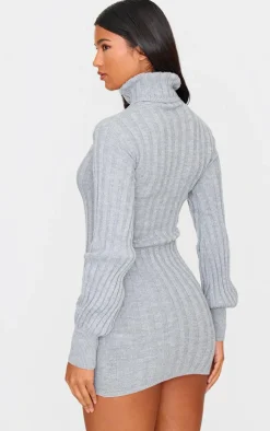 Grey Knitted Roll Neck Sweater Dress