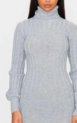 Grey Knitted Roll Neck Sweater Dress