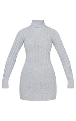 Grey Knitted Roll Neck Sweater Dress