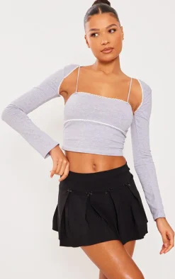 Grey Lace Trim Cotton Cami And Sleeves