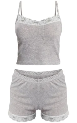 Grey Lace Trim Rib Crop Cami And Shorts Pj Set