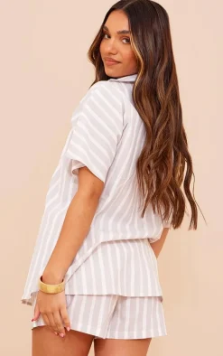 Grey Linen Look Stripe Oversized Boxy Shirt