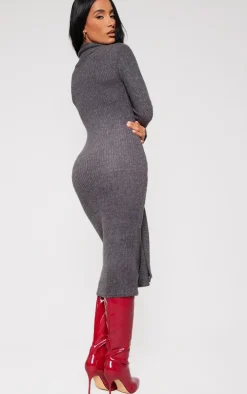Grey Long Sleeve High Neck Knot Front Midaxi Dress