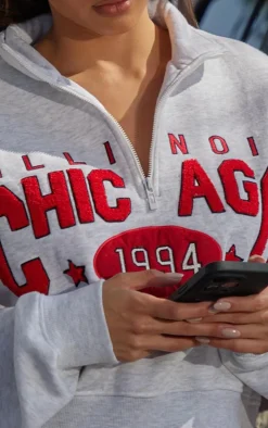 Grey Marl Borg Embroidered Chicago High Neck Quarter Zip Sweatshirt