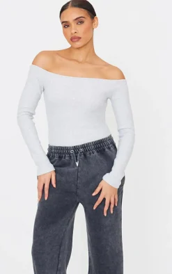 Grey Marl Brushed Rib Bardot Long Sleeve Bodysuit