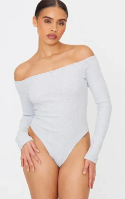 Grey Marl Brushed Rib Bardot Long Sleeve Bodysuit
