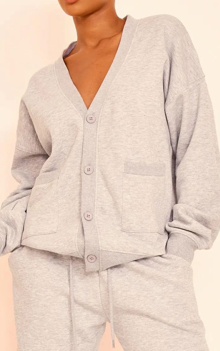 Grey Marl Button Front Pocket Sweat Cardigan