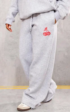 Grey Marl Cherry Print Oversized Wide Leg Sweatpants
