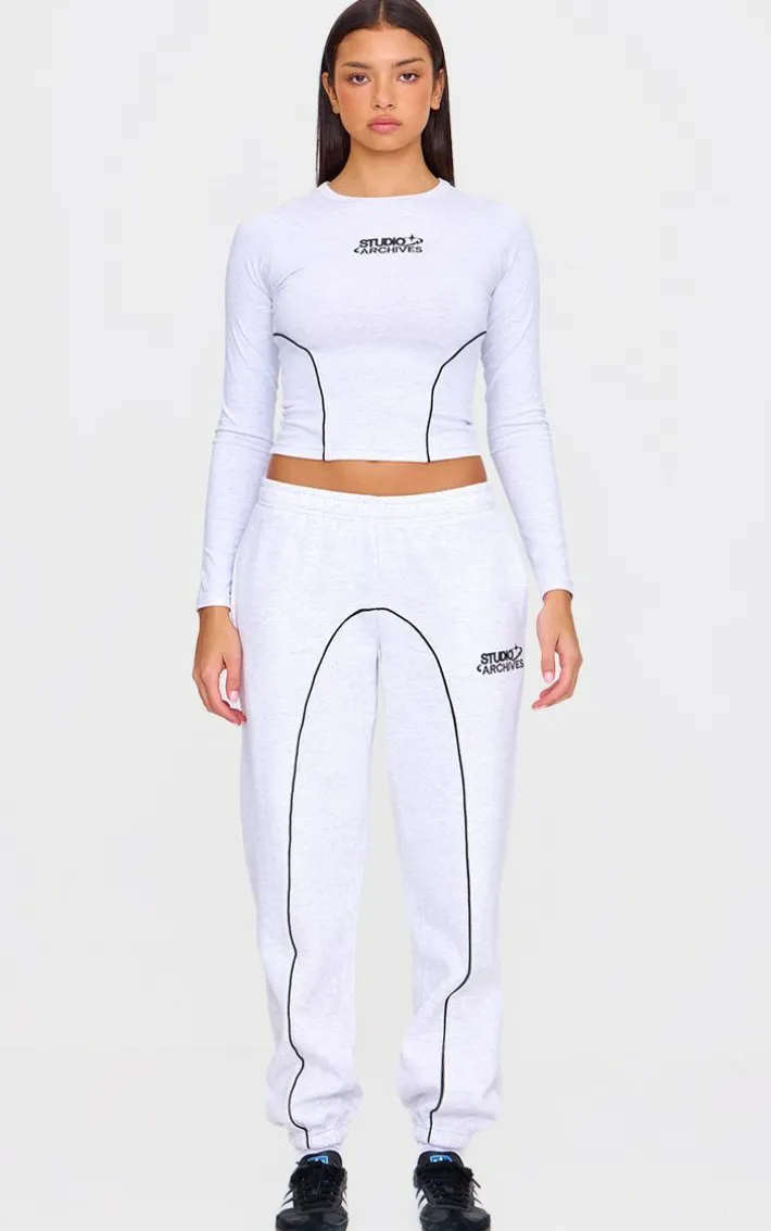 Grey Marl Contrast Studio Archives Seam Detail Cuffed Sweatpants