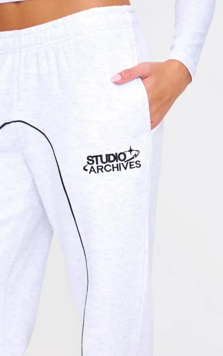 Grey Marl Contrast Studio Archives Seam Detail Cuffed Sweatpants