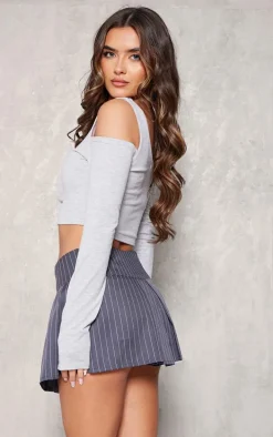 Grey Marl Cotton Cold Shoulder Crop Top