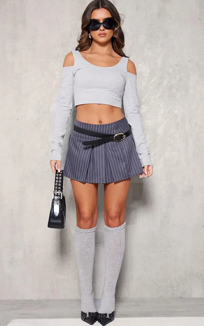 Grey Marl Cotton Cold Shoulder Crop Top