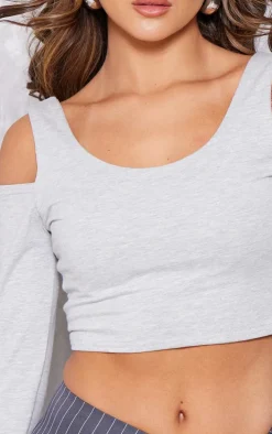 Grey Marl Cotton Cold Shoulder Crop Top