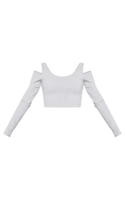Grey Marl Cotton Cold Shoulder Crop Top