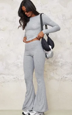Grey Marl Cotton High Waist Flared Pants