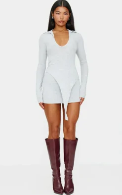 Grey Marl Cotton Jersey Collared Bodycon Dress