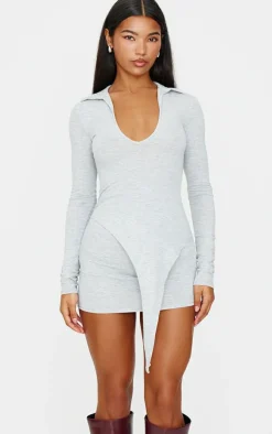 Grey Marl Cotton Jersey Collared Bodycon Dress