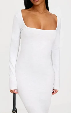 Grey Marl Cotton Square Neck Long Sleeve Maxi Dress