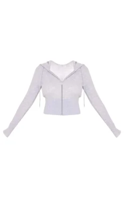 Grey Marl Cropped Zip Front Hoodie