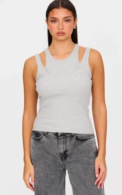 Grey Marl Double Layer Ribbed Vest Top