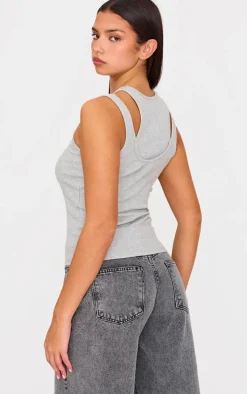 Grey Marl Double Layer Ribbed Vest Top