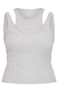 Grey Marl Double Layer Ribbed Vest Top