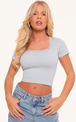 Grey Marl Lace Trim Snatched Rib T Shirt