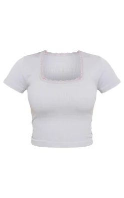 Grey Marl Lace Trim Snatched Rib T Shirt