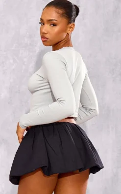 Grey Marl Lace Trim Snatched Rib Button Up Long Sleeve Top