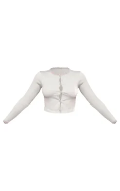 Grey Marl Lace Trim Snatched Rib Button Up Long Sleeve Top