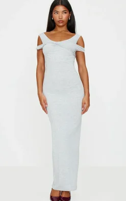 Grey Marl Ribbed Twisted Maxi Dress