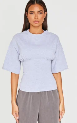 Grey Marl Ruched Bust Detail Fitted T Shirt