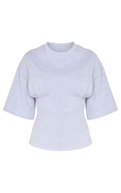 Grey Marl Ruched Bust Detail Fitted T Shirt