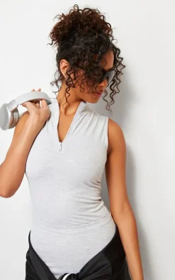 Grey Marl Snatched Sculpt Half Zip Sleevless Bodysuit