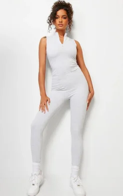 Grey Marl Snatched Sculpt Half Zip Sleevless Bodysuit