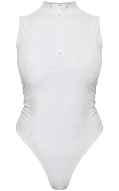 Grey Marl Snatched Sculpt Half Zip Sleevless Bodysuit