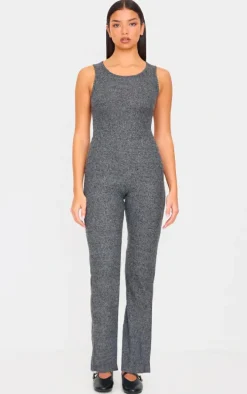 Grey Marl Soft Rib Wide Leg Racer Neck Jumpsuit
