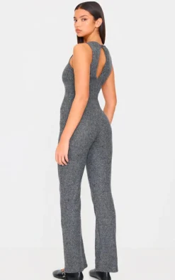 Grey Marl Soft Rib Wide Leg Racer Neck Jumpsuit