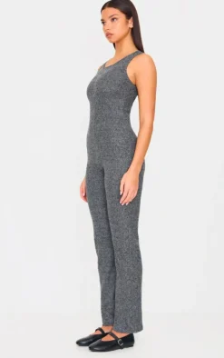 Grey Marl Soft Rib Wide Leg Racer Neck Jumpsuit