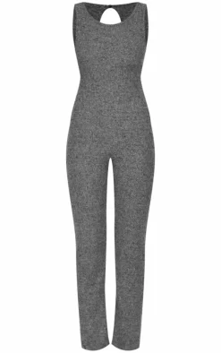 Grey Marl Soft Rib Wide Leg Racer Neck Jumpsuit