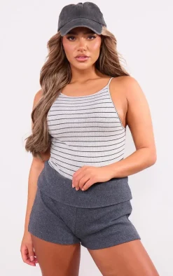 Grey Marl Stripe Rib Spaghetti Strap Bodysuit