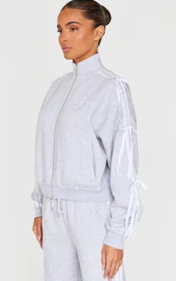 Grey Marl Velvet Bow Oversized Zip Up Sweatshirt