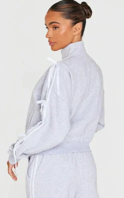 Grey Marl Velvet Bow Oversized Zip Up Sweatshirt