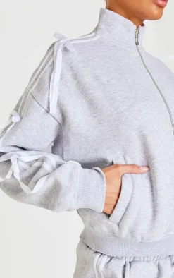 Grey Marl Velvet Bow Oversized Zip Up Sweatshirt