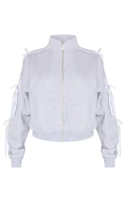Grey Marl Velvet Bow Oversized Zip Up Sweatshirt